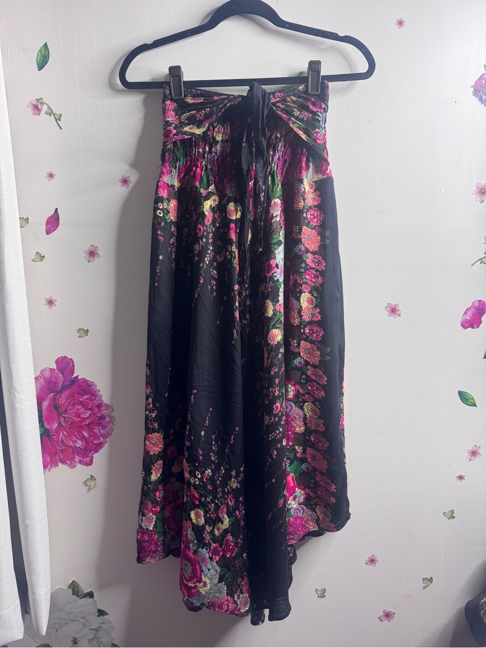 Black Floral Maxi Skirt with Pink and Green Accents